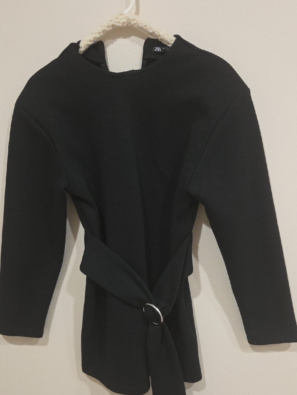 Zara Black Long Sleeve Top with Waist Tie and Ring